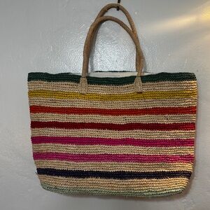 Hat Attack Multicolor Striped Raffia Tote Bag Woven Beach Market Bag Boho Style